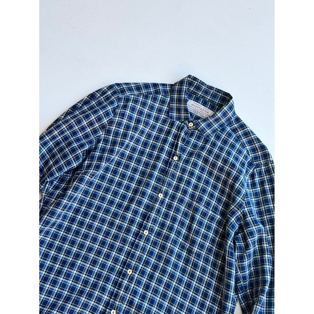Guideboat Co Montagna Italian Indigo Flannel Shirt Blue Plaid Cotton Large